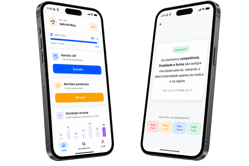 Topcards app mostrando a tela principal e revisão de flashcards em dois celulares